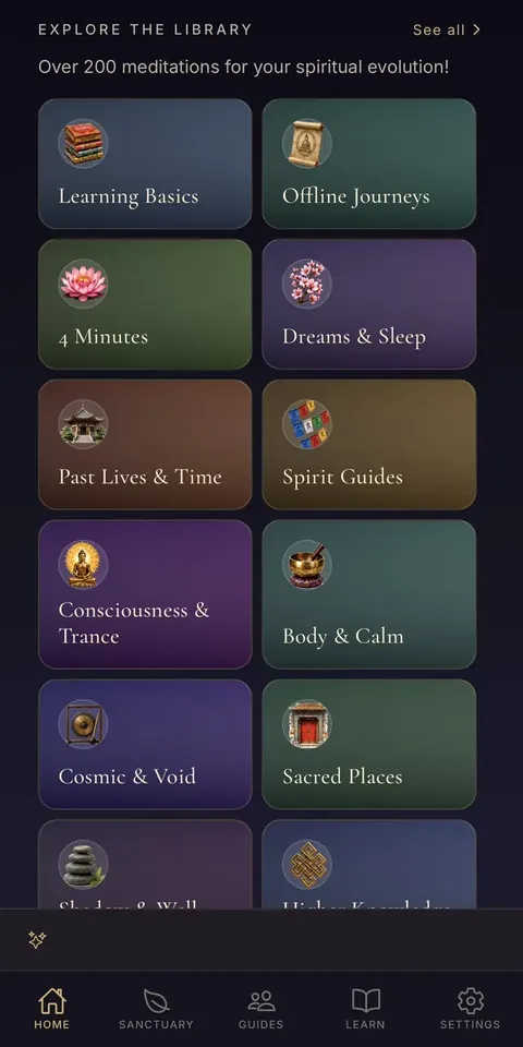 The library of free guided meditations, organized in 19 illustrated categories