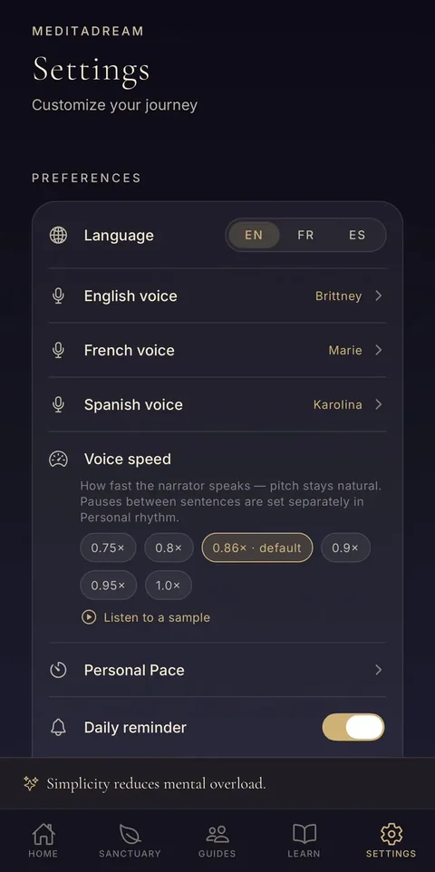Settings: interface language and two voices per language