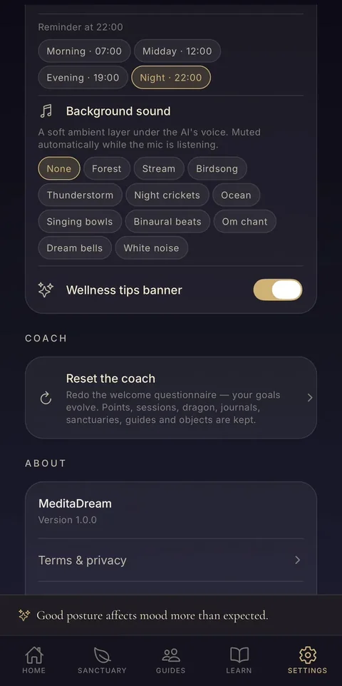 Settings: daily reminder and background sounds