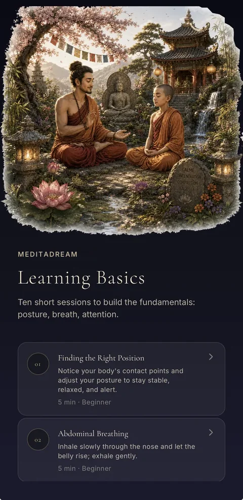 Learning Basics category: short sessions on posture, breathing and attention