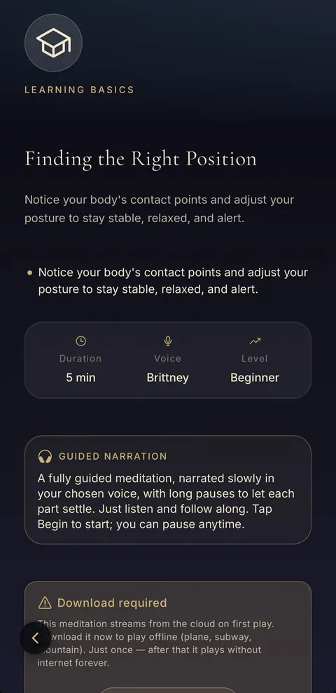A meditation page: duration, voice and level, downloadable for offline listening