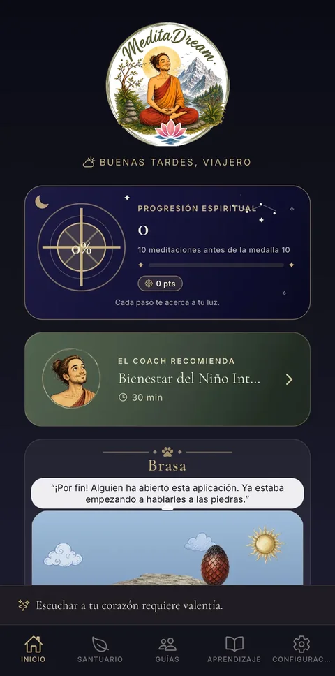 Pantalla de inicio: progresión espiritual, meditación recomendada para ti y tu dragón compañero