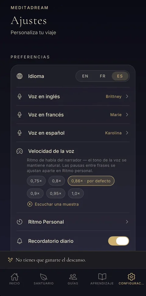 Ajustes: idioma y dos voces en español, con velocidad regulable