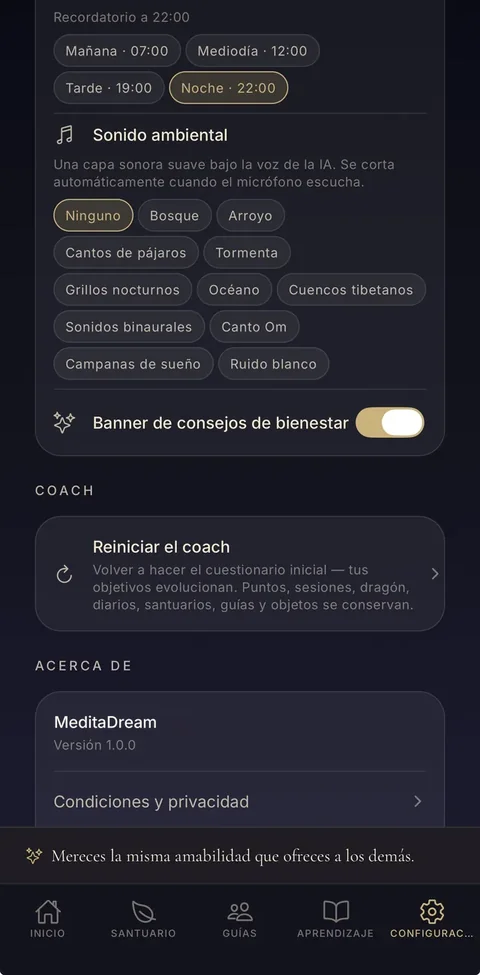 Ajustes: recordatorio diario y sonidos ambientales suaves