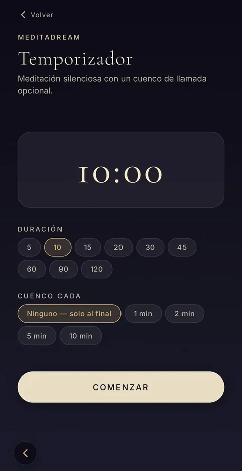 El temporizador: meditación silenciosa con cuenco de llamada opcional