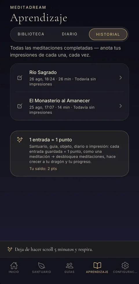 El historial de todas las meditaciones completadas