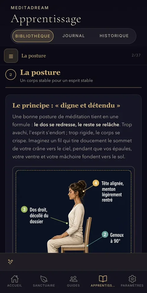 Apprendre à méditer : ici, la leçon sur la posture. Leçon pour apprendre à méditer : la posture, dos droit et corps relâché