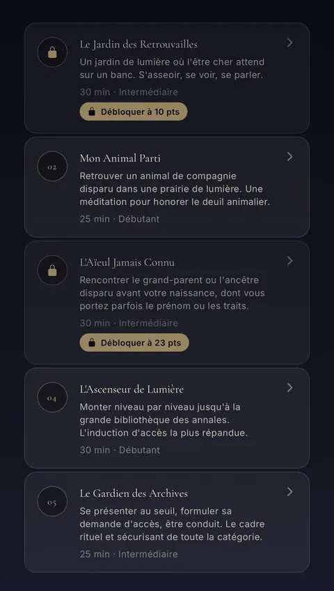 Les méditations d'une catégorie — certaines se débloquent avec tes points. Liste de méditations d'une catégorie, certaines à débloquer avec des points