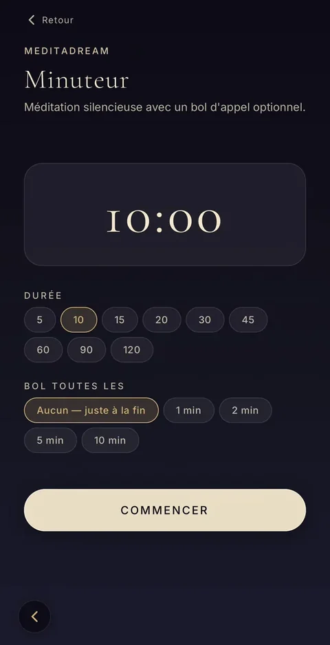 Méditation silencieuse au minuteur, avec bol d'appel optionnel. Le minuteur : méditation silencieuse avec bol de départ et de fin