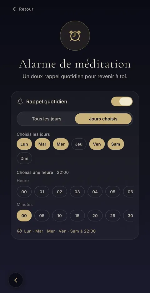 L'alarme : un doux rappel quotidien pour revenir à toi. L'alarme de méditation : un rappel quotidien à l'heure choisie